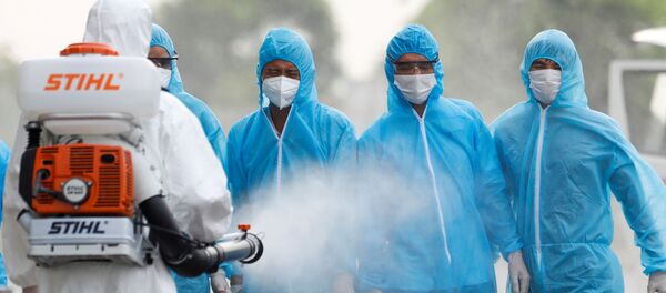 Xịt khử trùng cho công nhân xây dựng Việt Nam trở về từ Guinea Xích đạo - Sputnik Việt Nam