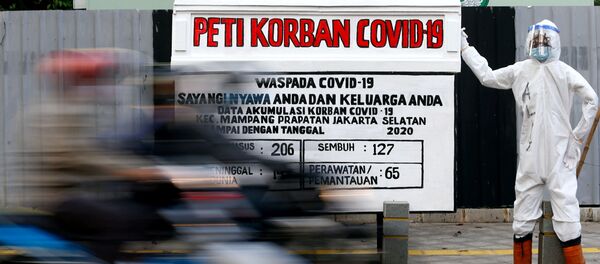 Quan tài và hình nộm cảnh báo về sự nguy hiểm của coronavirus ở Indonesia - Sputnik Việt Nam