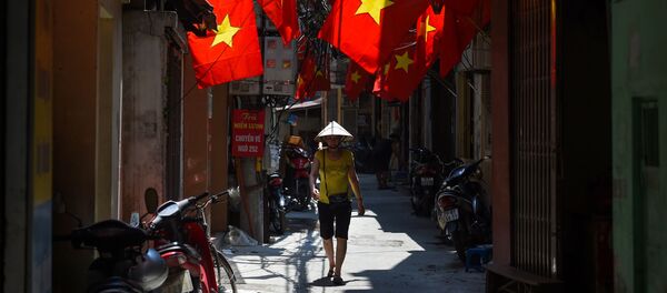 Đường phố được trang trí bằng cờ cho ngày quốc khánh Việt Nam ở Hà Nội Đường phố được trang trí bằng cờ cho ngày quốc khánh Việt Nam ở Hà Nội - Sputnik Việt Nam