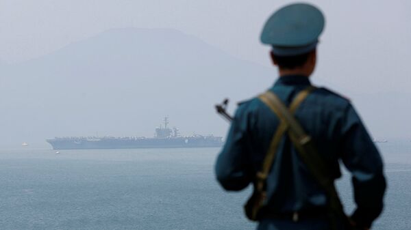 Một người lính Việt Nam canh giữ trước U.S. Tàu sân bay USS Carl Vinson sau khi cập cảng Đà Nẵng, Việt Nam. - Sputnik Việt Nam