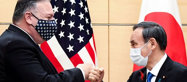Thủ tướng Nhật Bản Yoshihide Suga và Ngoại trưởng Mỹ Mike Pompeo chào nhau trước cuộc hội đàm tại văn phòng Thủ tướng ở Tokyo Thủ tướng Nhật Bản Yoshihide Suga và Ngoại trưởng Mỹ Mike Pompeo chào nhau trước cuộc hội đàm tại văn phòng Thủ tướng ở Tokyo - Sputnik Việt Nam