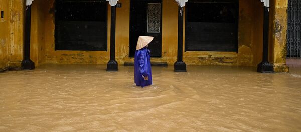 Người phụ nữ trên đường phố ngập nước lụt ở Việt Nam - Sputnik Việt Nam