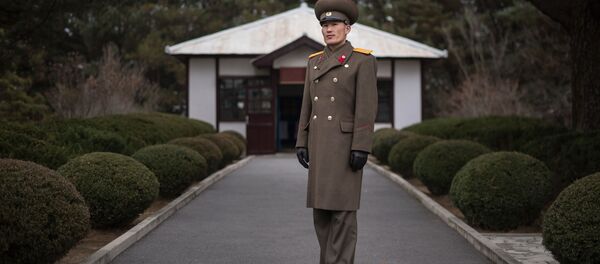 Trung úy và hướng dẫn viên du lịch ở làng Panmunjom cạnh khu phi quân sự Trung úy và hướng dẫn viên du lịch ở làng Panmunjom cạnh khu phi quân sự - Sputnik Việt Nam