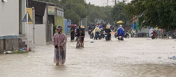 Nước lũ dâng lên đường nối hai xã Phước Nam và Phước Dinh, huyện Thuận Nam - Sputnik Việt Nam