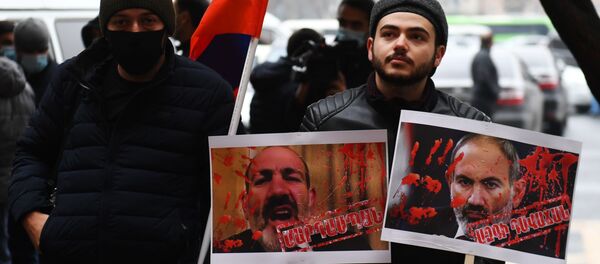 Những người tham gia biểu tình tại tòa nhà chính phủ của đất nước, nơi bắt đầu cuộc họp thường kỳ của Nội các Bộ trưởng. - Sputnik Việt Nam