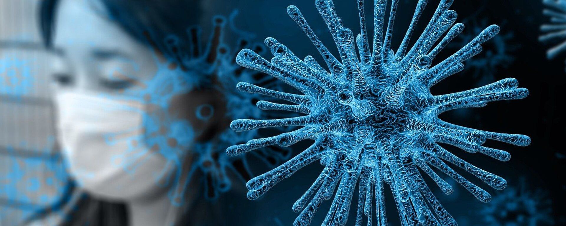 Cô gái đeo mặt nạ trên nền virus coronavirus - Sputnik Việt Nam, 1920, 22.07.2022