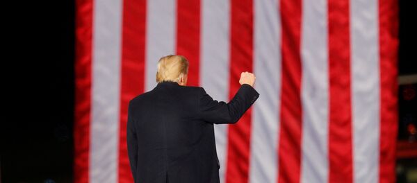 Tổng thống Hoa Kỳ Donald Trump cử chỉ trước một lá cờ Hoa Kỳ trong khi vận động cho Thượng nghị sĩ Đảng Cộng hòa Kelly Loeffler trước cuộc bầu cử sắp diễn ra để quyết định cả hai ghế Thượng viện Georgia, ở Dalton, Georgia, Hoa Kỳ, ngày 4 tháng 1 năm 2021. Tổng thống Hoa Kỳ Donald Trump cử chỉ trước một lá cờ Hoa Kỳ trong khi vận động cho Thượng nghị sĩ Đảng Cộng hòa Kelly Loeffler trước cuộc bầu cử sắp diễn ra để quyết định cả hai ghế Thượng viện Georgia, ở Dalton, Georgia, Hoa Kỳ, ngày 4 tháng 1 năm 2021. - Sputnik Việt Nam