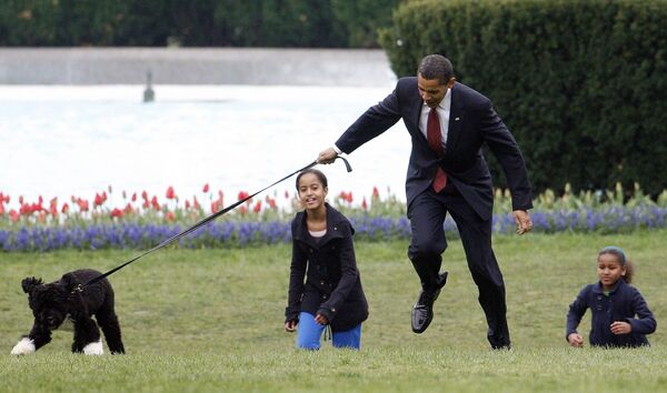 Tổng thống Hoa Kỳ Barack Obama với các con và chú chó Bo của ông tại Nhà Trắng, 2009 - Sputnik Việt Nam