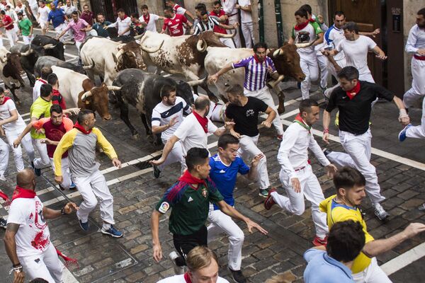 Những người tham gia lễ hội San Fermin trong cuộc  đua bò tót ở Pamplona - Sputnik Việt Nam