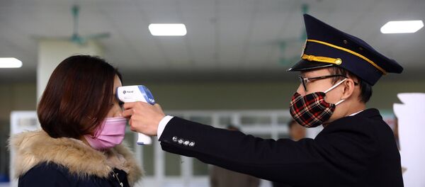 Kiểm tra thân nhiệt của hành khách trước khi lên xe tại bến xe Nghệ An. - Sputnik Việt Nam