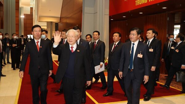 Đồng chí Nguyễn Phú Trọng, Tổng Bí thư Ban Chấp hành Trung ương Đảng khóa XIII, Chủ tịch nước CHXHCN Việt Nam và Ủy viên Bộ Chính trị, Trưởng ban Tuyên giáo Trung ương Võ Văn Thưởng đến dự họp báo. - Sputnik Việt Nam