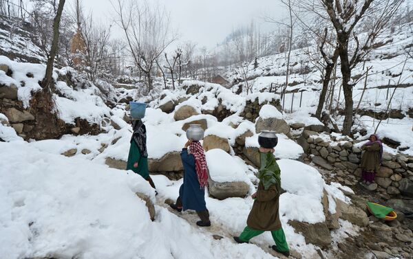 Cư dân của một ngôi làng ở Kashmir mang theo những chiếc bình chứa nước - Sputnik Việt Nam