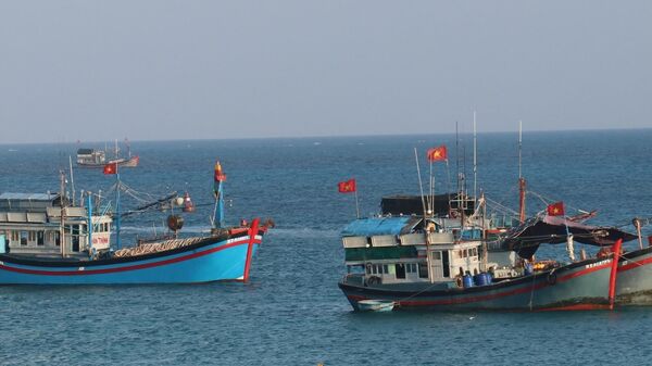 Cờ Tổ quốc tung bay phấp phới trên nóc tàu đánh cá của ngư dân Việt Nam neo đậu tại đảo Đá Tây A (quần đảo Trường Sa). - Sputnik Việt Nam