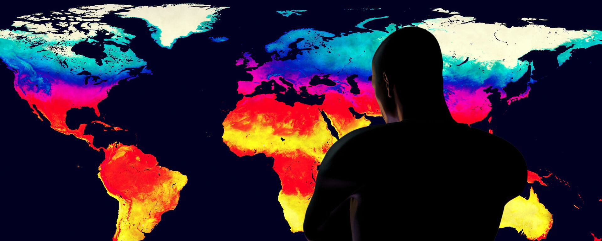 Một người đàn ông nhìn vào bản đồ nóng lên toàn cầu của Trái đất - Sputnik Việt Nam, 1920, 15.02.2022