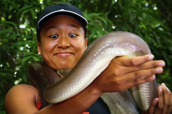 Tay vợt Nhật Bản Naomi Osaka và con trăn khi đến thăm Khu bảo tồn Koala Lone Pine ở Brisbane. - Sputnik Việt Nam