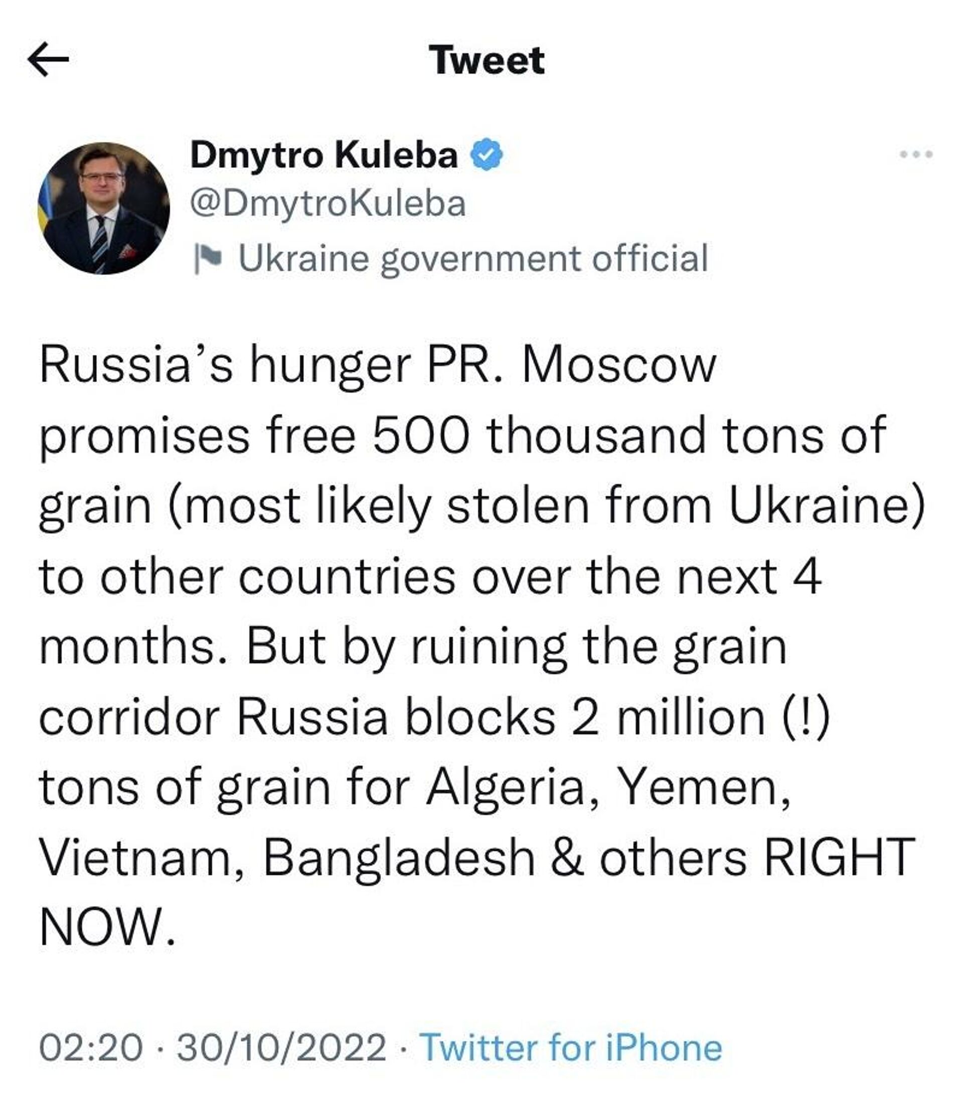 Bộ trưởng Bộ Ngoại giao Ukraina bày tỏ lo ngại đối với các nước sẽ phải chịu ảnh hưởng nặng nề nếu thoả thuận xuất khẩu ngũ cốc giữa Ukraina-Nga bị phá vỡ. - Sputnik Việt Nam, 1920, 03.11.2022