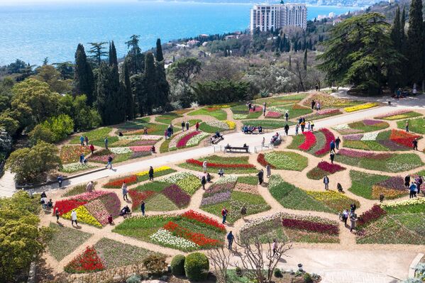 Khách tham quan khai mạc cuộc triển lãm Diễu hành hoa Tulip hàng năm tại Vườn bách thảo Nikitsky ở Crưm. - Sputnik Việt Nam