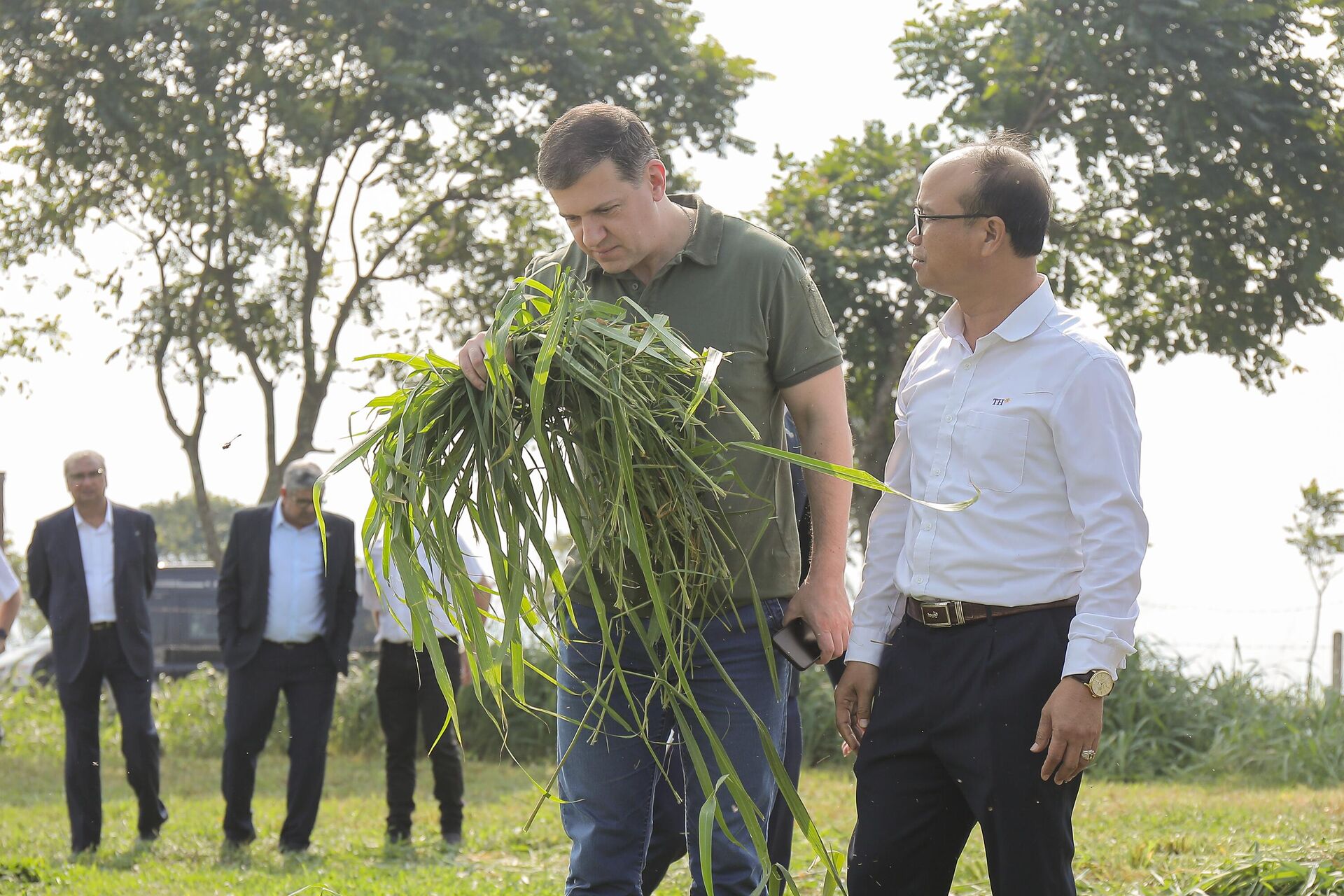 Tổng Giám đốc Công ty Agritech (Tập đoàn TH) Lê Khắc Cương cùng Bộ trưởng Bộ Nông nghiệp Vùng Kaluga tham quan đồng cỏ thuộc Tổ hợp chăn nuôi bò sữa của TH tại Nghệ An  - Sputnik Việt Nam, 1920, 05.12.2023