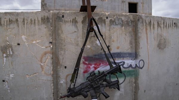 Hai khẩu súng trường M-16 treo trên tường với hình vẽ graffiti mô tả lá cờ Palestine tại Trung tâm Huấn luyện chiến tranh đô thị của IDF tại căn cứ quân sự Zeelim, miền nam Israel. - Sputnik Việt Nam