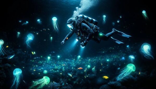 Bioluminescent Deep-Sea Diving: Lặn biển sâu trong môi trường phát sáng sinh học, nơi các vận động viên phải thi đấu trong bóng tối với ánh sáng từ các sinh vật biển. - Sputnik Việt Nam