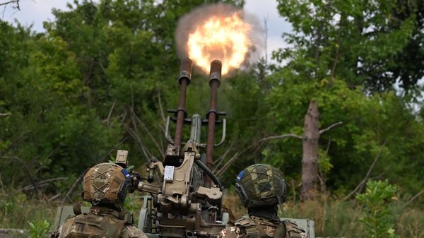 Военнослужащие подразделения противовоздушной обороны группировки Центр работают по БПЛА из зенитной установки ЗУ-23 на боевых позициях на Авдеевском направлении СВО - Sputnik Việt Nam