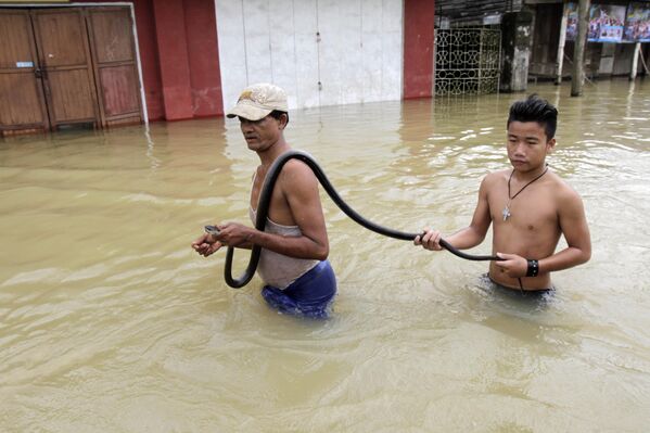 Hai người đàn ông mang theo con rắn băng qua con phố ngập nước sau khi sông Bago tràn bờ do mưa lớn, Myanmar - Sputnik Việt Nam