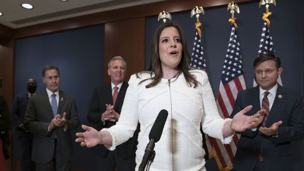 Rep. Elise Stefanik, R-N.Y., speaks to reporters at the Capitol in Washington, Friday, May 14, 2021, just after she was elected chair of the House Republican Conference - Sputnik Việt Nam