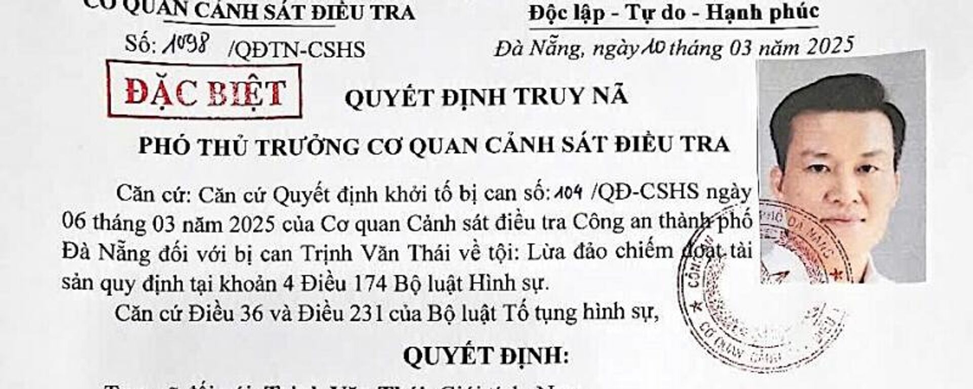 Quyết định truy nã đặc biệt đối với Trịnh Văn Thái - Sputnik Việt Nam, 1920, 10.03.2025