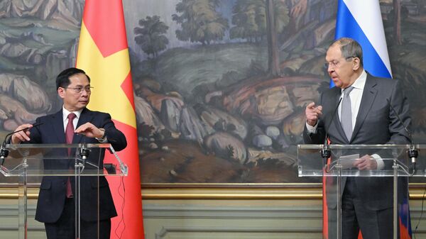 Bộ trưởng Ngoại giao Nga Sergei Lavrov và Bộ trưởng Ngoại giao Cộng hòa xã hội chủ nghĩa Việt Nam Bùi Thanh Sơn (trái) tại cuộc họp báo sau cuộc gặp tại Moscow. - Sputnik Việt Nam