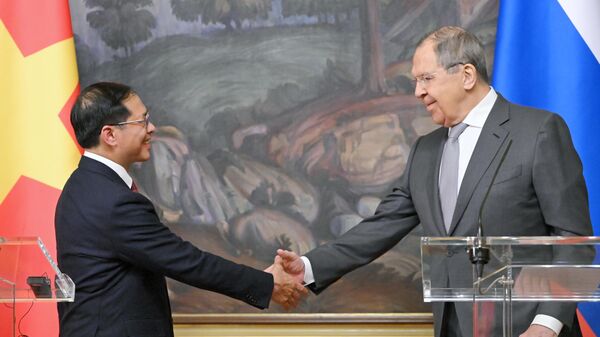 Bộ trưởng Ngoại giao Nga Sergei Lavrov và Bộ trưởng Ngoại giao Cộng hòa xã hội chủ nghĩa Việt Nam Bùi Thanh Sơn (trái) tại cuộc họp báo sau cuộc gặp tại Moskva - Sputnik Việt Nam
