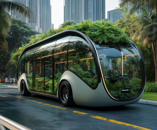 Phương tiện tương lai Dubai – Nhà kính di động. Hành khách du ngoạn trong vi khí hậu mát mẻ giữa các vườn dọc. AI duy trì điều kiện lý tưởng cho cả cây cối và con người, dù nhiệt độ ngoài trời lên tới +50°C. Công nghệ nổi bật: Hệ thống vi khí hậu thông minh – duy trì +22°C và 60% độ ẩm; hương thơm tùy chỉnh – từ gió biển đến hoa anh đào nở; điều hòa sinh thái – dựa trên quá trình bay hơi từ lá cây. Trải nghiệm đặc biệt: Mua hoa quý hiếm qua chợ thực vật tích hợp. Slogan: &quot;Nơi mỗi km đều nở hoa». Tên gọi: &quot;GreenLine X». - Sputnik Việt Nam