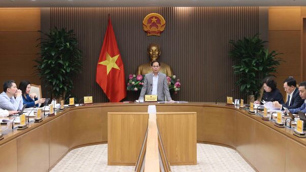 Phó Thủ tướng, Bộ trưởng Ngoại giao Bùi Thanh Sơn, Tổ trưởng Tổ công tác về tăng cường hợp tác, chủ động thích ứng với điều chỉnh chính sách kinh tế, thương mại của Hoa Kỳ phát biểu - Sputnik Việt Nam