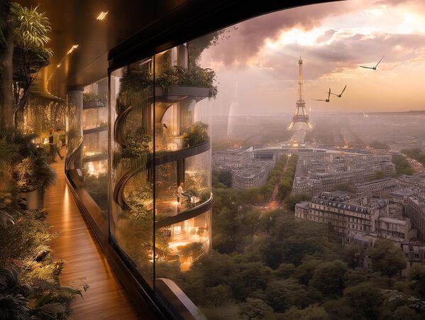 Vườn thẳng đứng trong lòng Paris: Những tòa tháp kính được bao phủ bởi dây leo và cây nho, biến không gian làm việc thành một hệ sinh thái. Các tấm pin mặt trời tích hợp vào mặt tiền cung cấp năng lượng cho tòa nhà, trong khi các sân thượng mở với đồng cỏ hoa tạo nên những ốc đảo cho nhân viên — nơi mà thậm chí ong còn có thể thu mật từ vườn trên mái Vườn thẳng đứng trong lòng Paris: Những tòa tháp kính được bao phủ bởi dây leo và cây nho, biến không gian làm việc thành một hệ sinh thái. Các tấm pin mặt trời tích hợp vào mặt tiền cung cấp năng lượng cho tòa nhà, trong khi các sân thượng mở với đồng cỏ hoa tạo nên những ốc đảo cho nhân viên — nơi mà thậm chí ong còn có thể thu mật từ vườn trên mái - Sputnik Việt Nam