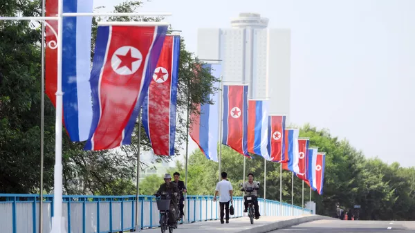 Cờ Hàn Quốc và Nga trên một con phố ở Bình Nhưỡng. - Sputnik Việt Nam
