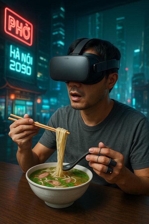 Thực tế ảo vị giác – Phở 4D Công nghệ: Kết hợp công nghệ VR (thực tế ảo) với máy in 3D chế biến thực phẩm. Bạn đội kính VR lên và "ăn" tô phở trong Hà Nội năm 2090, trong khi các điện cực chạm vào lưỡi giúp bạn trải nghiệm chính xác hương vị món ăn. Thực tế ảo vị giác – Phở 4D Công nghệ: Kết hợp công nghệ VR (thực tế ảo) với máy in 3D chế biến thực phẩm. Bạn đội kính VR lên và "ăn" tô phở trong Hà Nội năm 2090, trong khi các điện cực chạm vào lưỡi giúp bạn trải nghiệm chính xác hương vị món ăn. - Sputnik Việt Nam