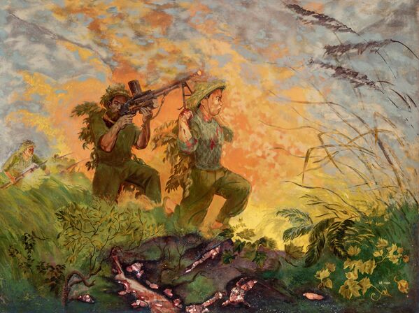 Lê Vinh. Chiến công của Bế Văn Đàn. 1957. Gỗ, sơn mài, xà cừ Lê Vinh. Chiến công của Bế Văn Đàn. 1957. Gỗ, sơn mài, xà cừ - Sputnik Việt Nam