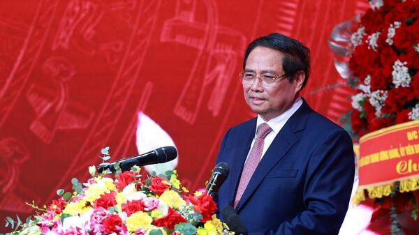 Thủ tướng Phạm Minh Chính, Bí thư Đảng uỷ Chính phủ phát biểu tại Đại hội đại biểu Đảng bộ Đài Truyền hình Việt Nam lần thứ 12, nhiệm kỳ 2025 - 2030. - Sputnik Việt Nam