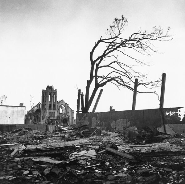 Cây trụi lá đứng giữa đống đổ nát và tàn tích các tòa nhà sau vụ nổ nguyên tử tại Hiroshima - Sputnik Việt Nam