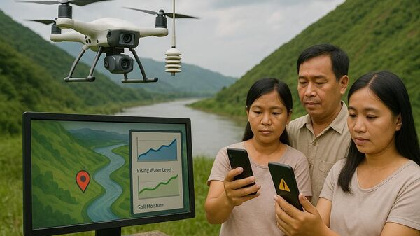 Hệ thống giám sát và cảnh báo sớm thông minh. 

Drone với nhiều cảm biến, bay trên sườn dốc xanh gần con sông. Trên drone có thể thấy camera, ăng-ten và cảm biến khí tượng. Bên cạnh là màn hình hiển thị bản đồ khu vực cùng biểu đồ mực nước và độ ẩm đất. Phía dưới, một gia đình nhận được thông báo cảnh báo trên điện thoại thông minh - Sputnik Việt Nam