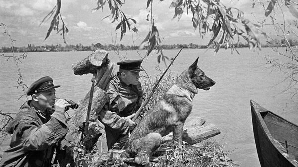 Các chiến sĩ biên phòng trong một chốt bí mật tại khu vực làng Vilkovo, vùng châu thổ sông Danube. Trung úy A. Kashkaha (bên trái) và hạ sĩ quan K. Gusev, hai chiến sĩ xuất sắc về huấn luyện chiến đấu và chính trị tại một trạm biên phòng. Những ngày yên bình cuối cùng trước chiến tranh - Sputnik Việt Nam