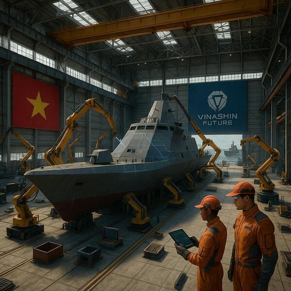 Xưởng đóng tàu khô tương lai tại Việt Nam. Các kỹ sư Việt Nam mặc đồng phục thông minh, cầm máy tính bảng giám sát quy trình. Các robot cánh tay cơ khí đang lắp ráp các đoạn thân tàu - Sputnik Việt Nam