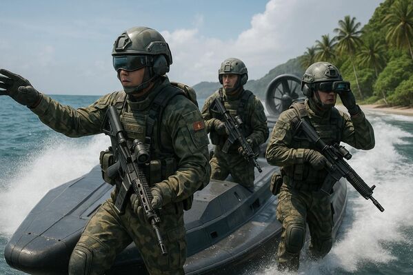 Chiến sĩ Hải quân đánh bộ Việt Nam trong bộ giáp tương lai. Mũ giáp tích hợp kính ngắm và màn hình hiển thị thông tin (visors). Vũ khí là súng trường module thế hệ mới - Sputnik Việt Nam