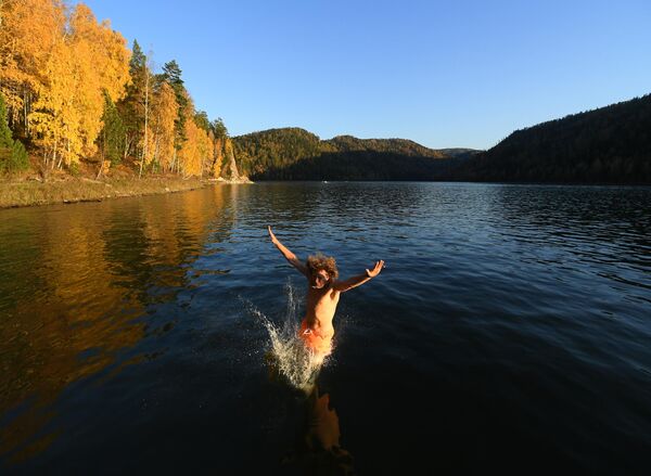 Khoảnh khắc du khách phiêu lưu nhảy từ du thuyền xuống Vịnh Biryusa, thuộc hồ chứa Krasnoyarsk trên sông Yenisei hùng vĩ - Sputnik Việt Nam