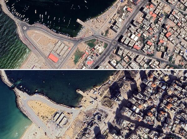 Ảnh chụp từ vệ tinh của Dải Gaza trong khu vực Nhà thờ Hồi giáo Al Hassaina trước và sau những cuộc tấn công của Israel. Tổng hợp các hình ảnh ghi lại vào tháng 7 năm 2023 và tháng 12 năm 2024 - Sputnik Việt Nam