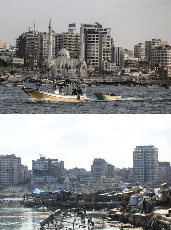 Nhà thờ Hồi giáo Al Hassaina ở Dải Gaza trước và sau những cuộc tấn công của Israel. Tổng hợp ảnh - Sputnik Việt Nam