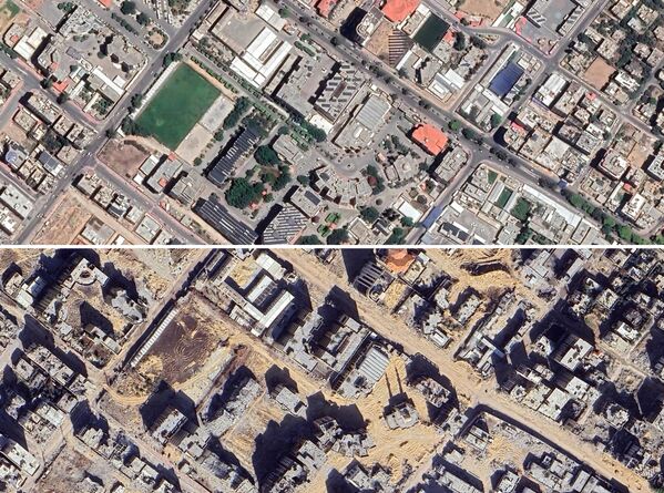 Ảnh chụp từ vệ tinh của Dải Gaza trong khu vực Trường Cao đẳng Al Azhar trước và sau những cuộc tấn công của Israel. Tổng hợp các hình ảnh chụp vào tháng 7 năm 2023 và tháng 12 năm 2024 - Sputnik Việt Nam