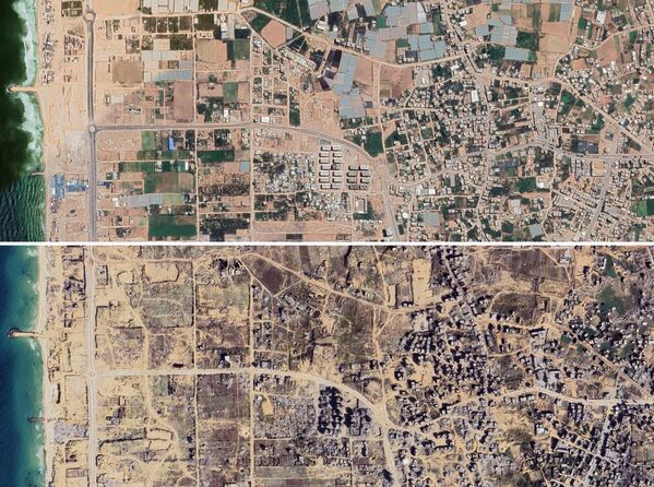 Ảnh chụp từ vệ tinh của khu vực Atatra ở Dải Gaza trước và sau những cuộc tấn công của Israel. Tổng hợp hình ảnh chụp vào tháng 7 năm 2023 và tháng 12 năm 2024 - Sputnik Việt Nam