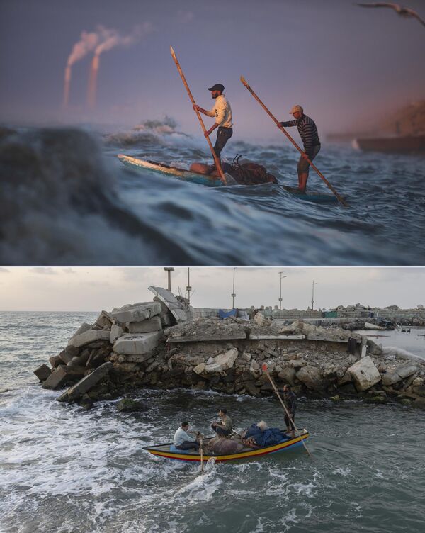 Đường bờ biển Gaza trước và sau những cuộc tấn công của Israel. Tổng hợp ảnh - Sputnik Việt Nam