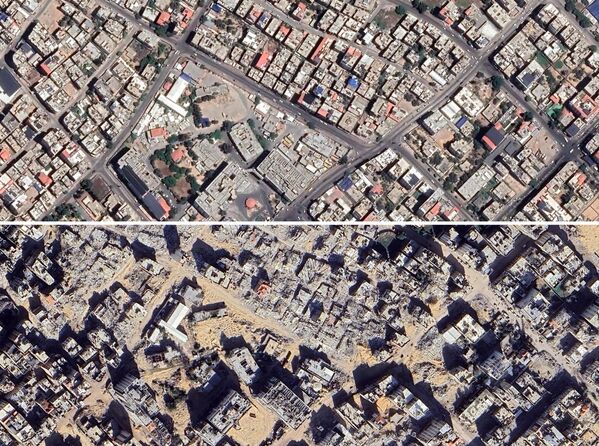 Ảnh chụp từ vệ tinh của Dải Gaza trong khu vực Bệnh viện Al Shifa trước và sau những cuộc tấn công của Israel. Tổng hợp ảnh chụp vào tháng 7 năm 2023 và tháng 12 năm 2024 - Sputnik Việt Nam