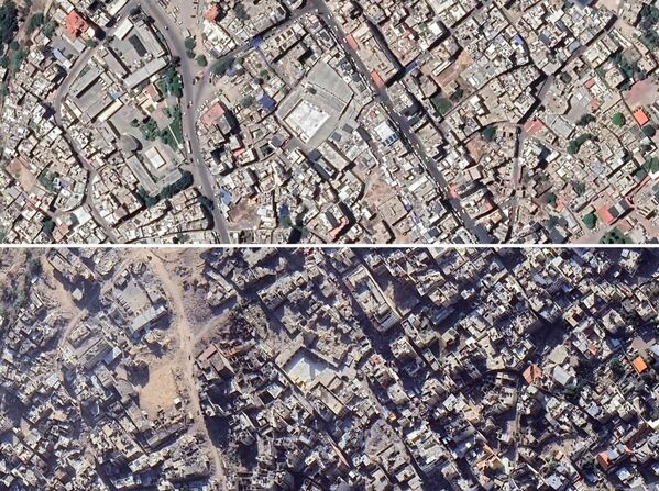 Ảnh chụp từ vệ tinh của Dải Gaza trong khu vực Đại Thánh đường Omar, còn gọi là Giáo đường Lớn Omar, trước và sau những cuộc tấn công của Israel. Tổng hợp ảnh chụp vào tháng 7 năm 2023 và tháng 12 năm 2024 - Sputnik Việt Nam